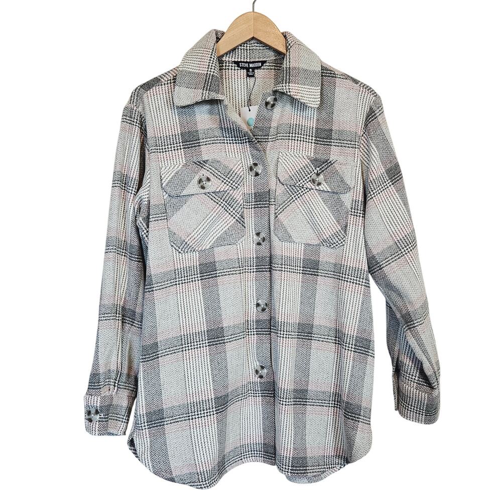 Steve Madden High Noon Shacket Light Gray Plaid Women's Small‎
